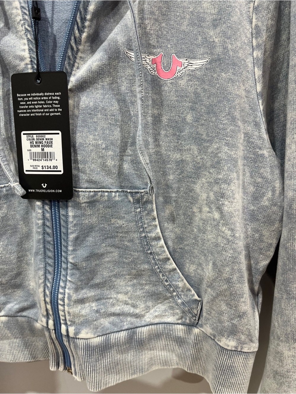 True Religion Hoodie Women's M Horseshoe Wing Faux Full Zip Denim-Look Fabric - Picture 10 of 10